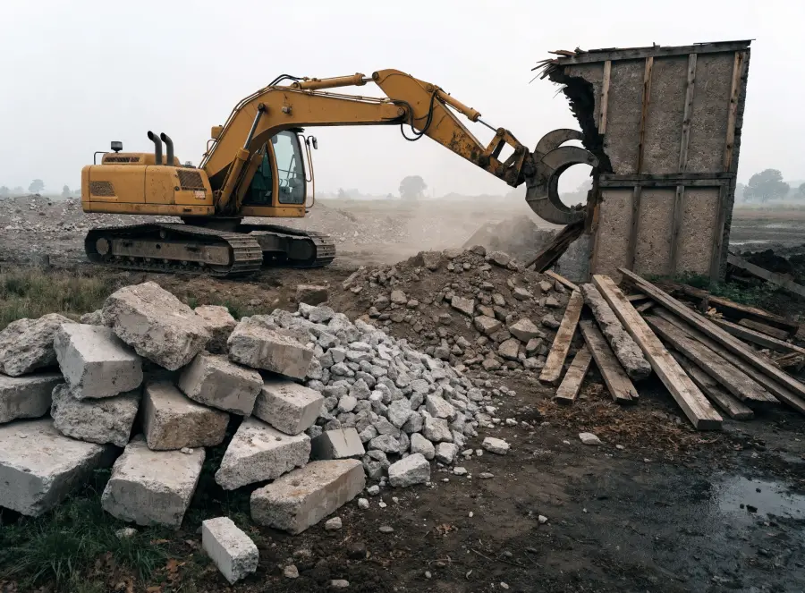 Excavatrice munie d’une pince de démolition démontant le dernier mur d’un petit bâtiment de béton et de bois, piles de gravats de béton et de bois triées à l’avant-plan.