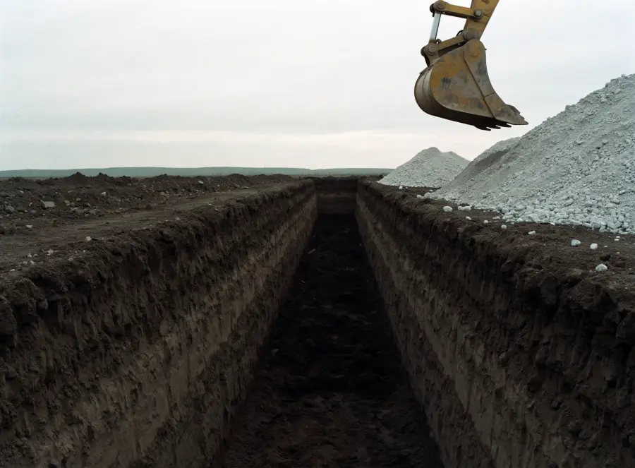Tranchée de fondation fraîchement excavée dans un sol brun foncé, parois droites montrant les couches de terrain, godet d’excavatrice posé au bord de la coupe.