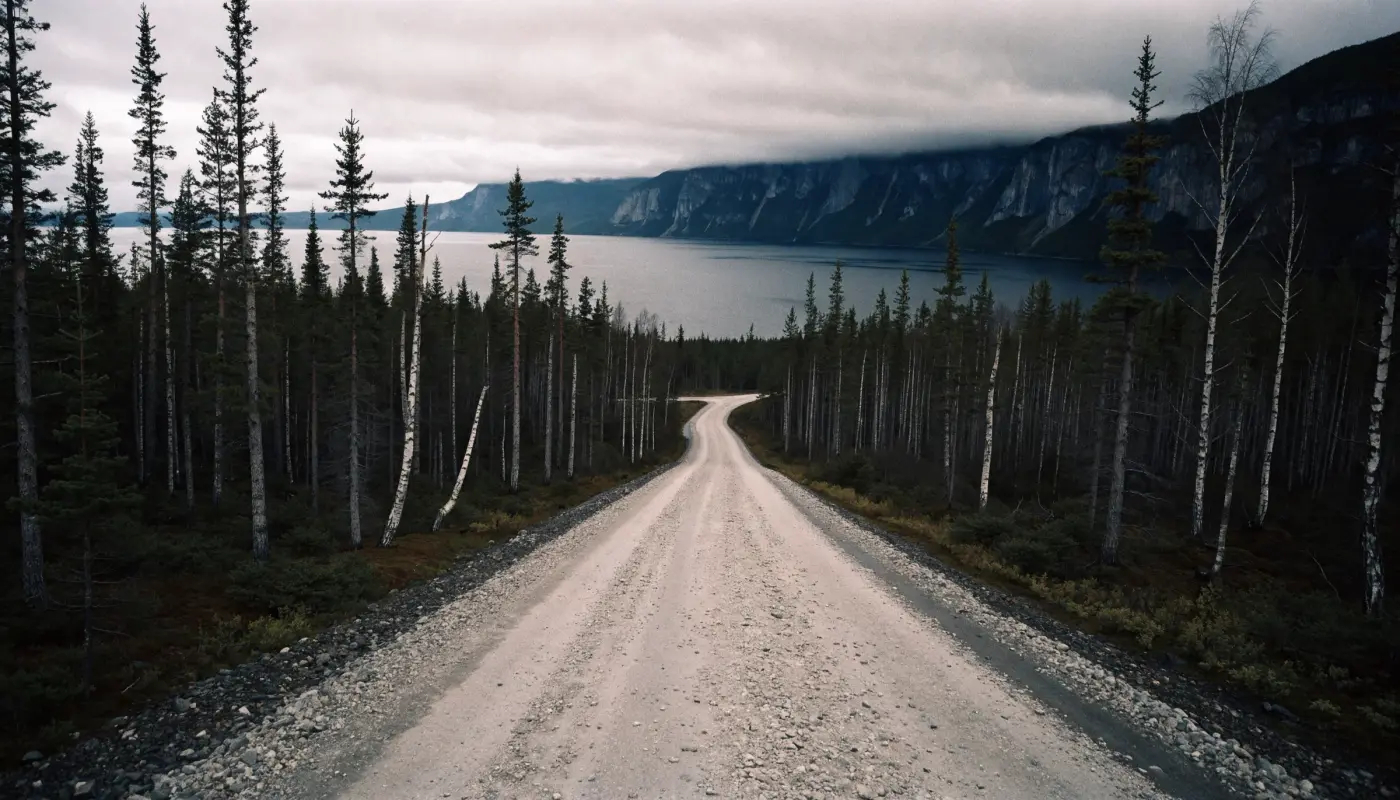 Route de gravier mouillée traversant une forêt d’épinettes et de bouleaux et s’ouvrant sur les parois rocheuses du fjord du Saguenay sous un ciel bas.